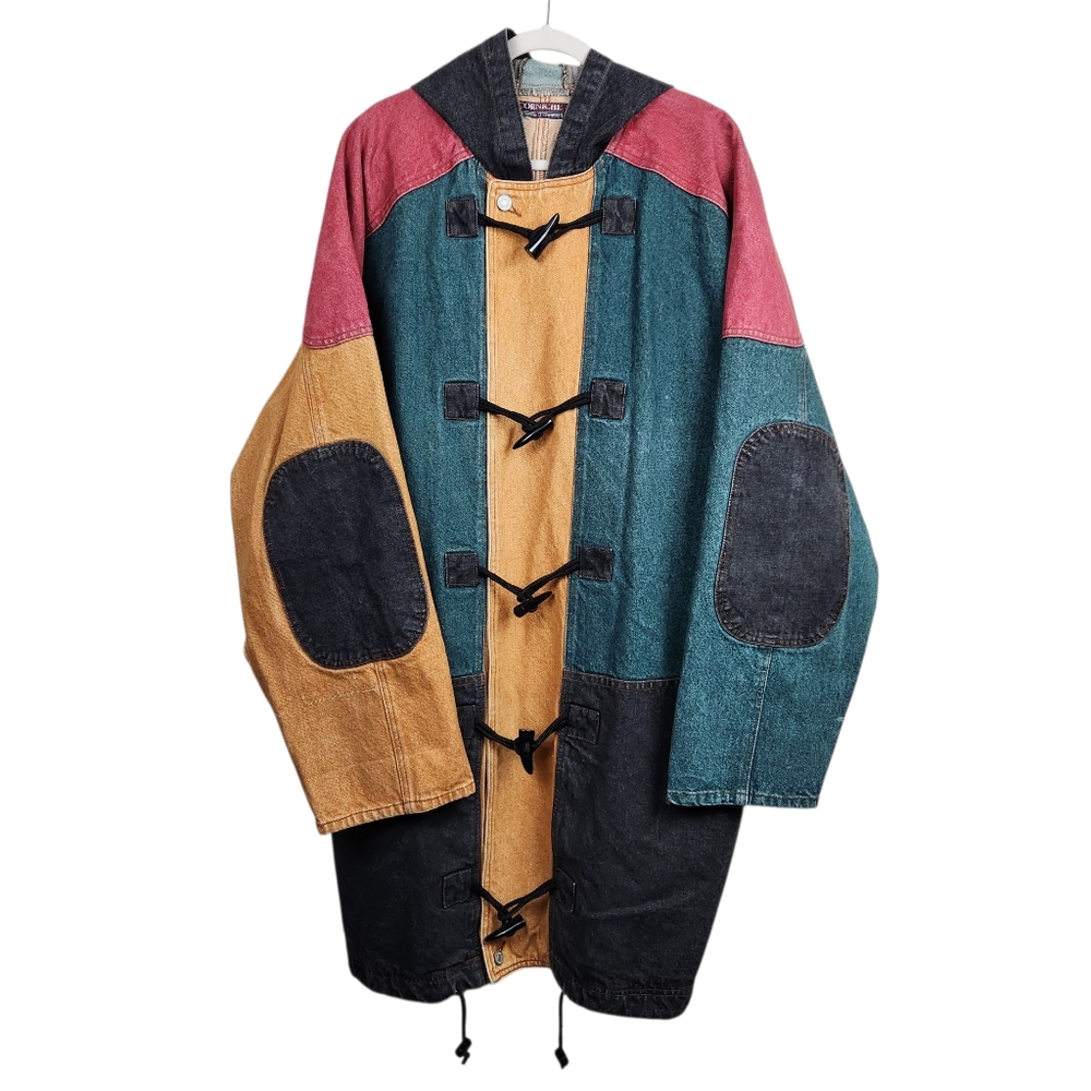 Corniche Vintage Colorblock Denim Hooded Jacket Streetwear 80s Mens Size 2XL 3XL
